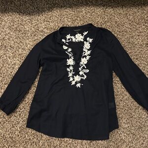 Banana Republic Dark Blue Blouse with Ivory Floral Embroidery